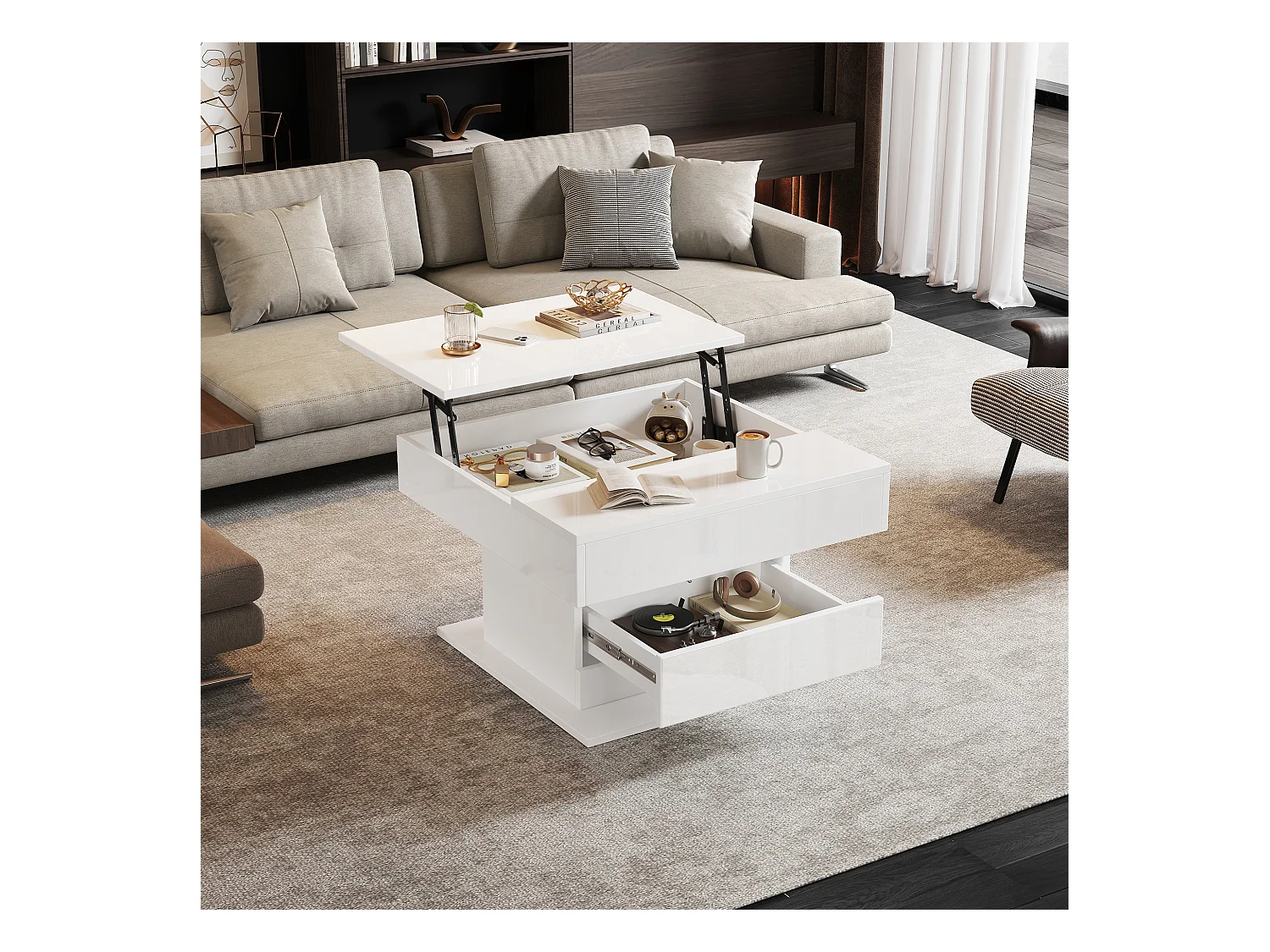 Table basse relevable - 70 x 70 x 45 cm -  plateau rotatif à 360°- avec 1 tiroir + rangement caché - aggloméré - blanc