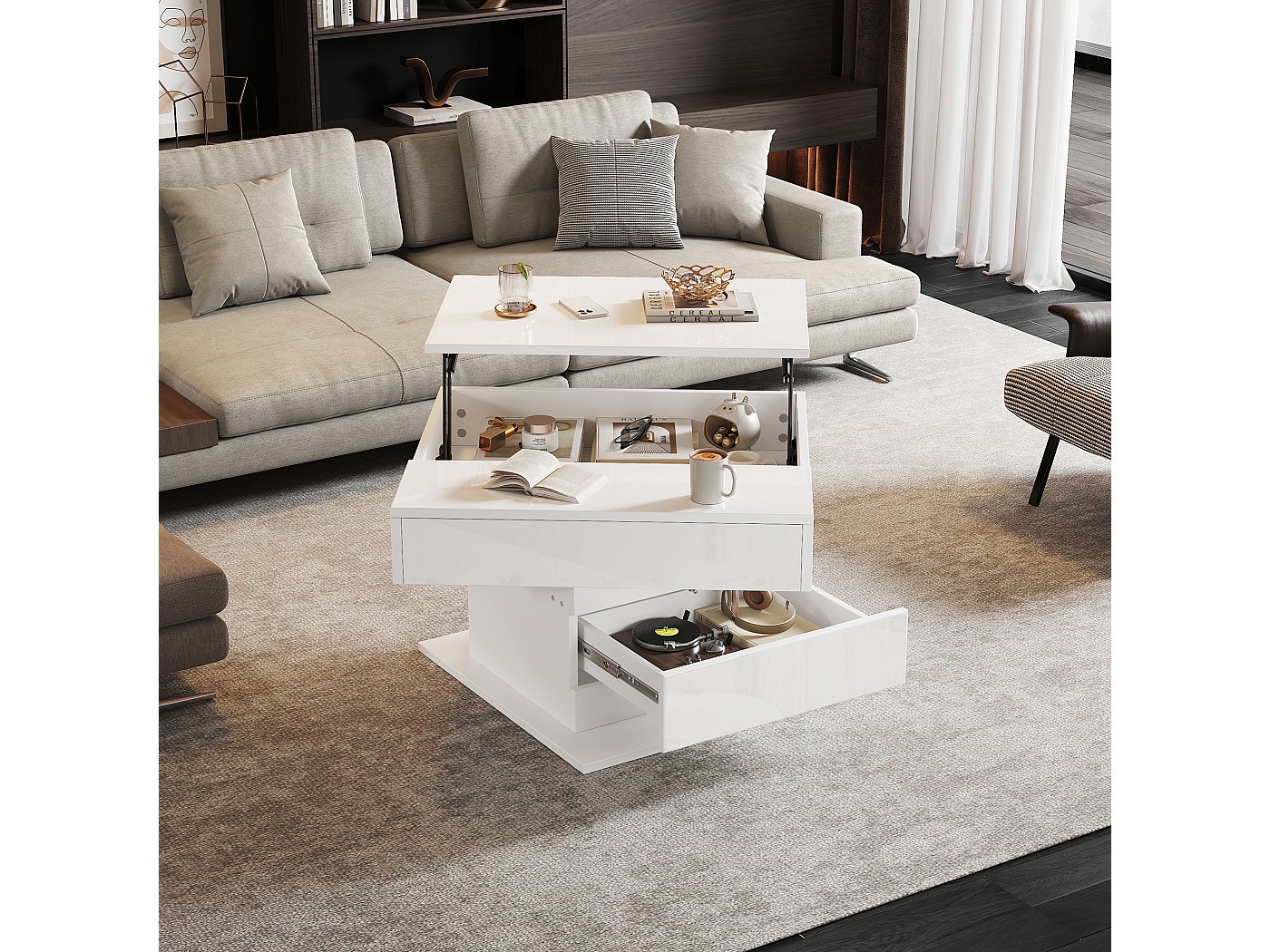 Table basse relevable - 70 x 70 x 45 cm - plateau rotatif à 360°- avec ...