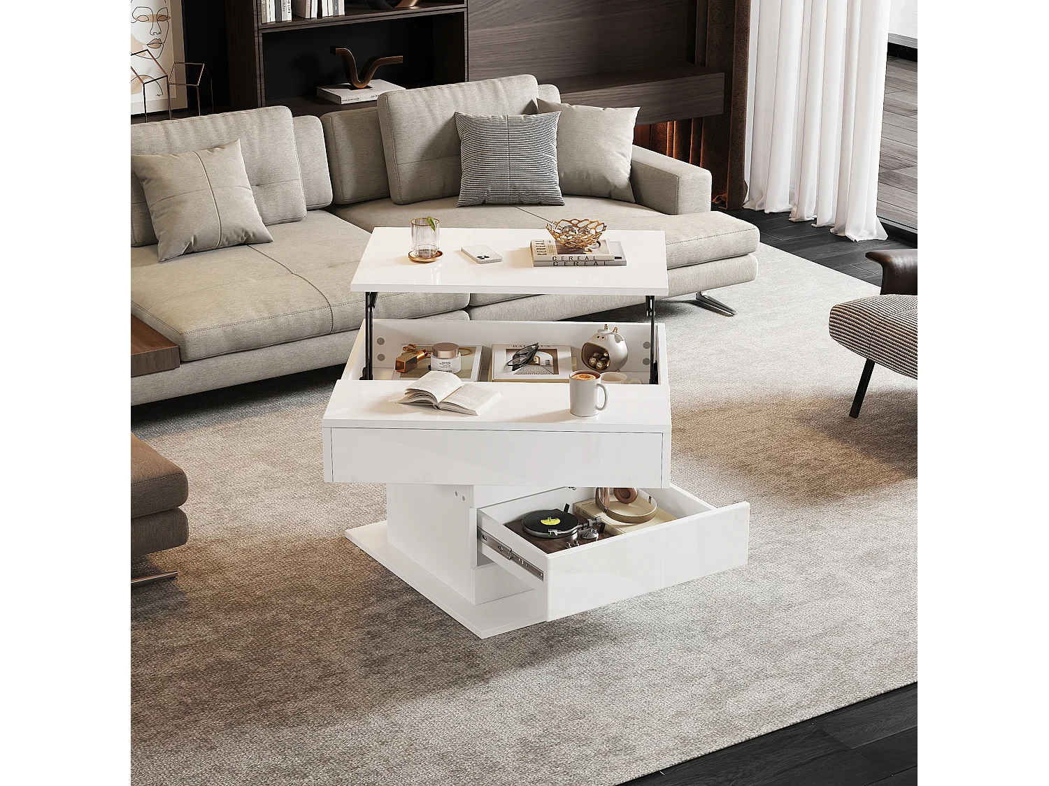 Table basse relevable - 70 x 70 x 45 cm -  plateau rotatif à 360°- avec 1 tiroir + rangement caché - aggloméré - blanc