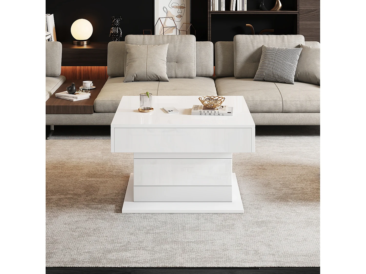 Table basse relevable - 70 x 70 x 45 cm -  plateau rotatif à 360°- avec 1 tiroir + rangement caché - aggloméré - blanc