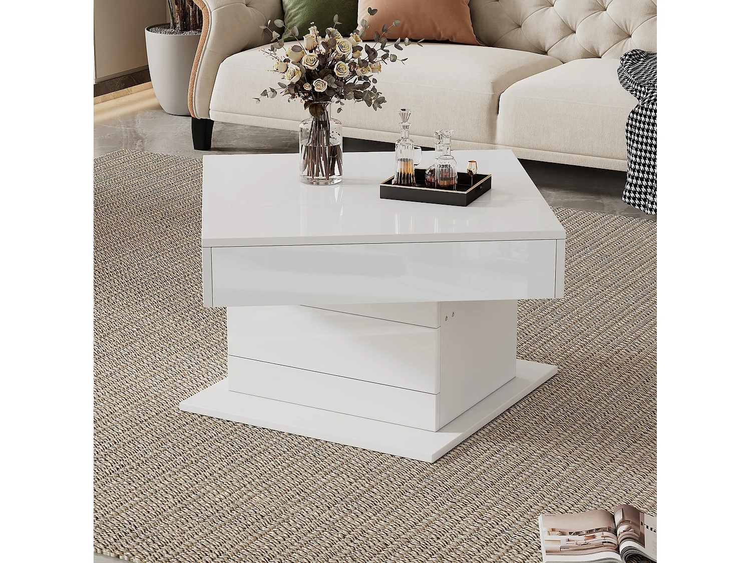 Table basse relevable - 70 x 70 x 45 cm -  plateau rotatif à 360°- avec 1 tiroir + rangement caché - aggloméré - blanc
