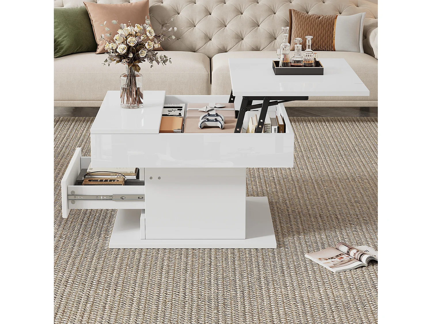 Table basse relevable - 70 x 70 x 45 cm -  plateau rotatif à 360°- avec 1 tiroir + rangement caché - aggloméré - blanc