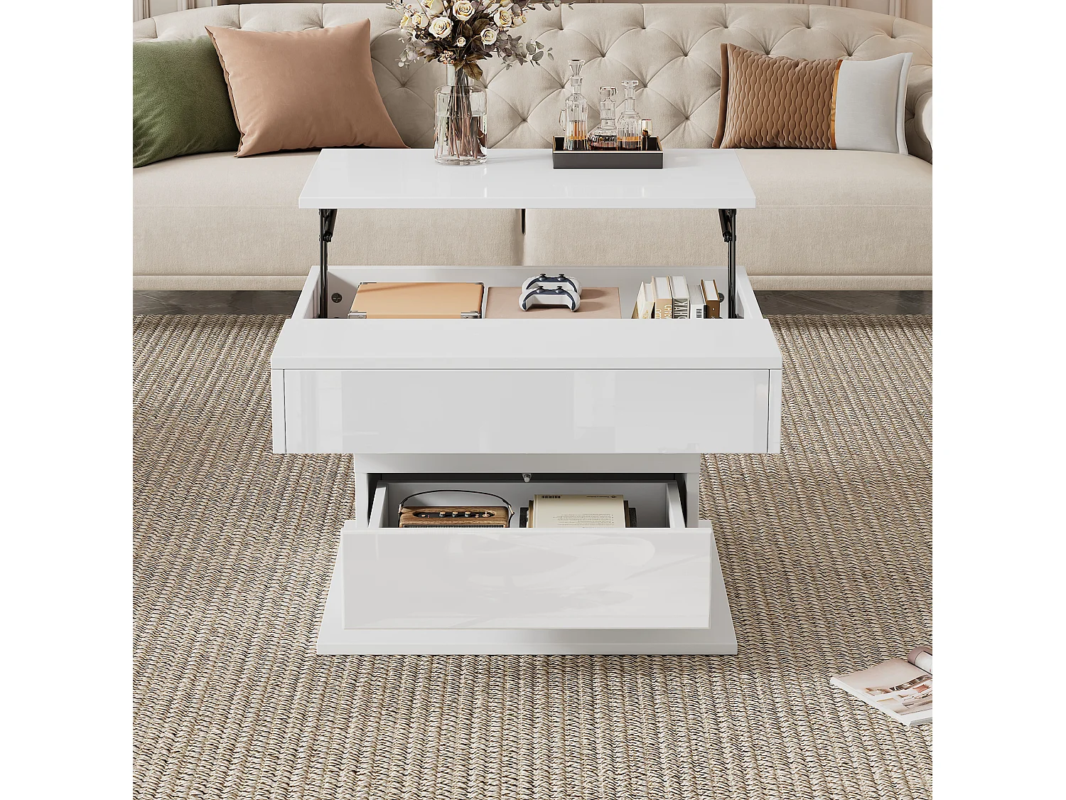 Table basse relevable - 70 x 70 x 45 cm -  plateau rotatif à 360°- avec 1 tiroir + rangement caché - aggloméré - blanc
