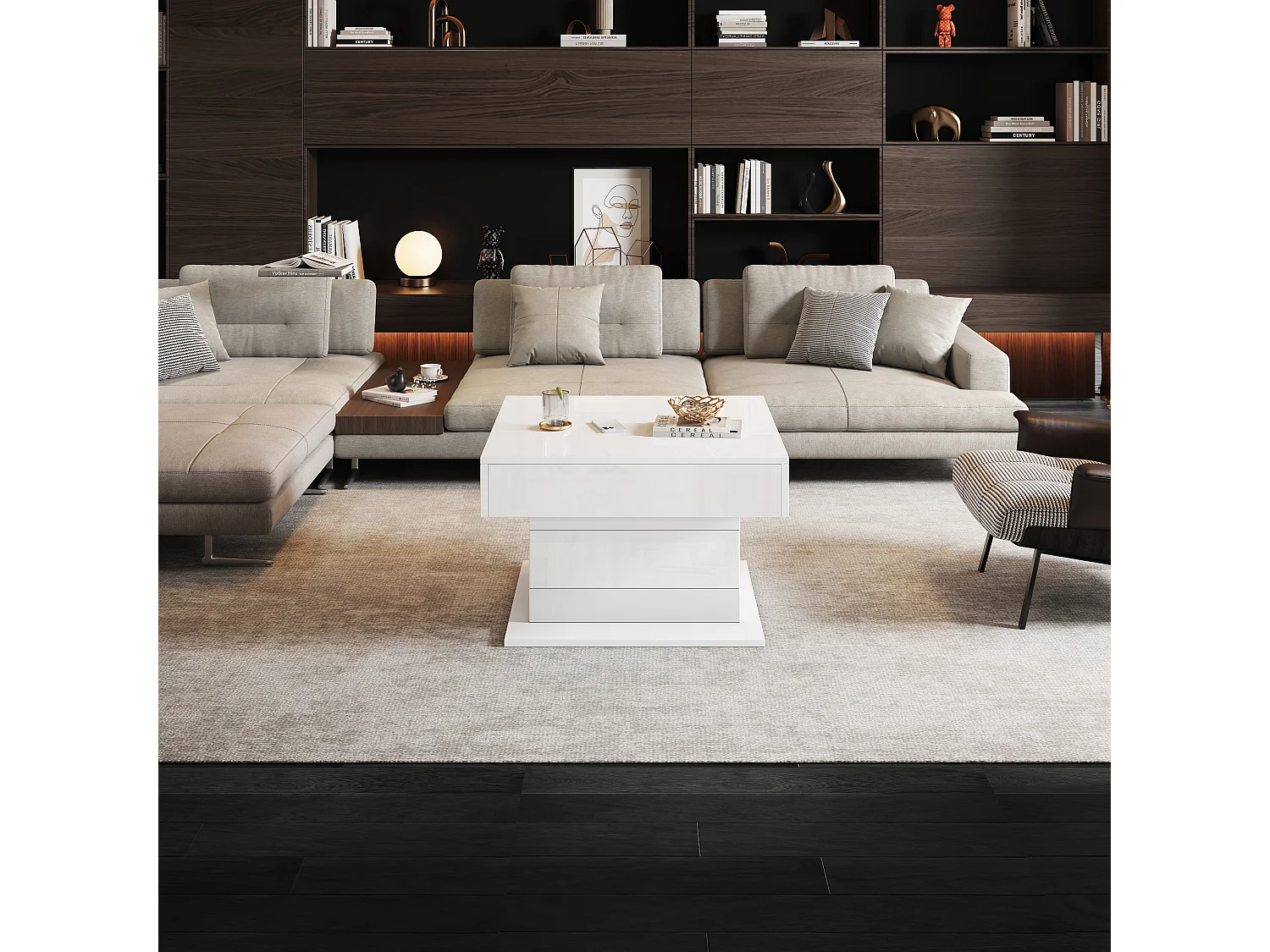 Table basse relevable - 70 x 70 x 45 cm -  plateau rotatif à 360°- avec 1 tiroir + rangement caché - aggloméré - blanc