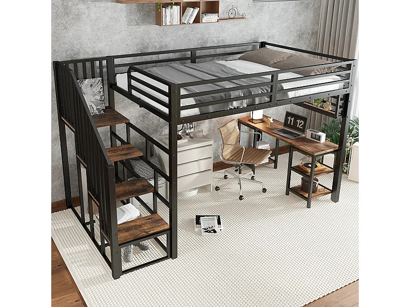 Letto a soppalco 120x200cm con scaletta, scrivania e ripiano portaoggetti, nero e noce scuro, metallo + pannello di particelle