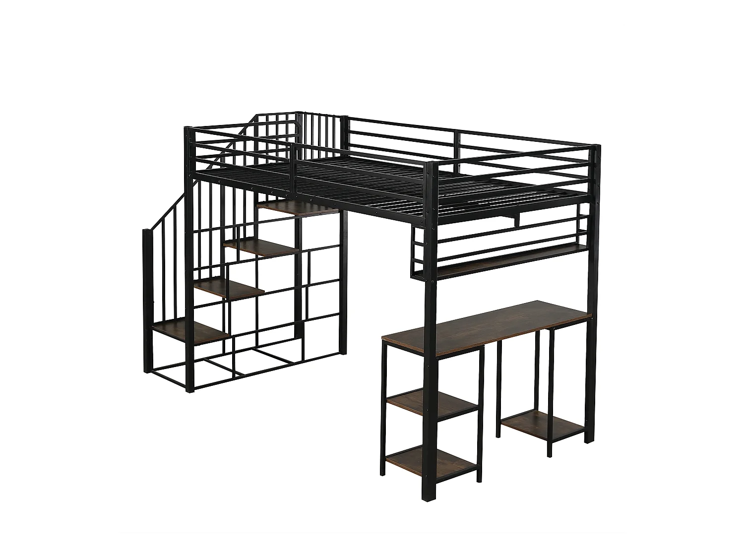 Letto a soppalco 120x200cm con scaletta, scrivania e ripiano portaoggetti, nero e noce scuro, metallo + pannello di particelle