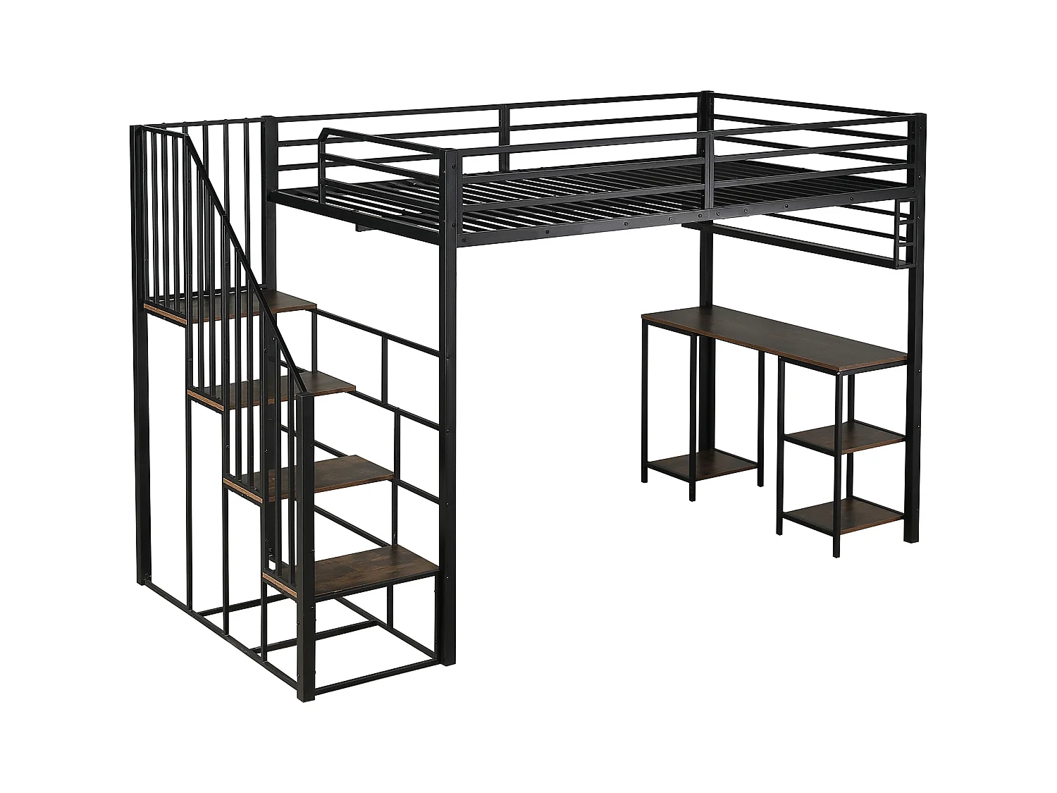 Letto a soppalco 120x200cm con scaletta, scrivania e ripiano portaoggetti, nero e noce scuro, metallo + pannello di particelle