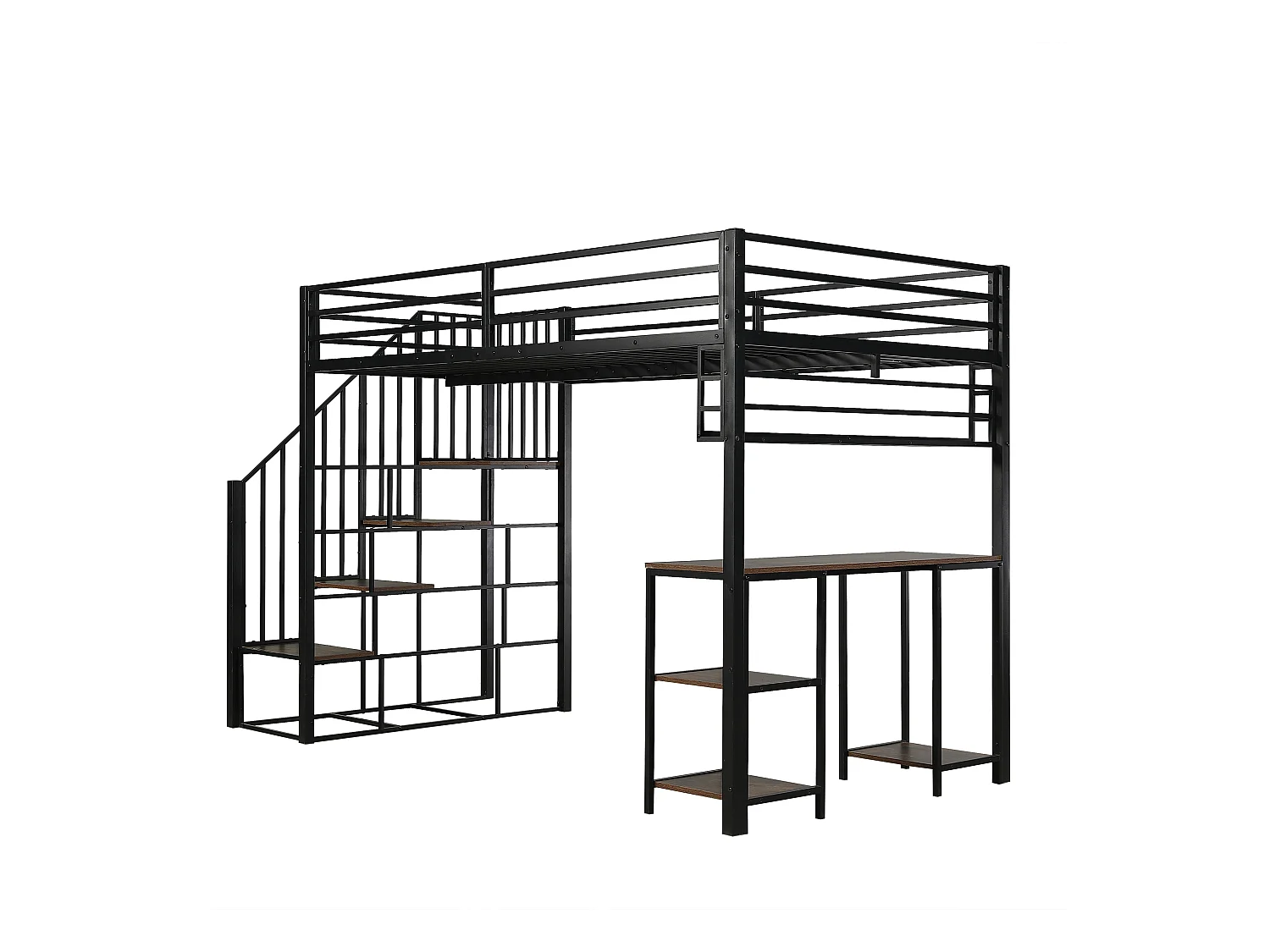 Letto a soppalco 120x200cm con scaletta, scrivania e ripiano portaoggetti, nero e noce scuro, metallo + pannello di particelle