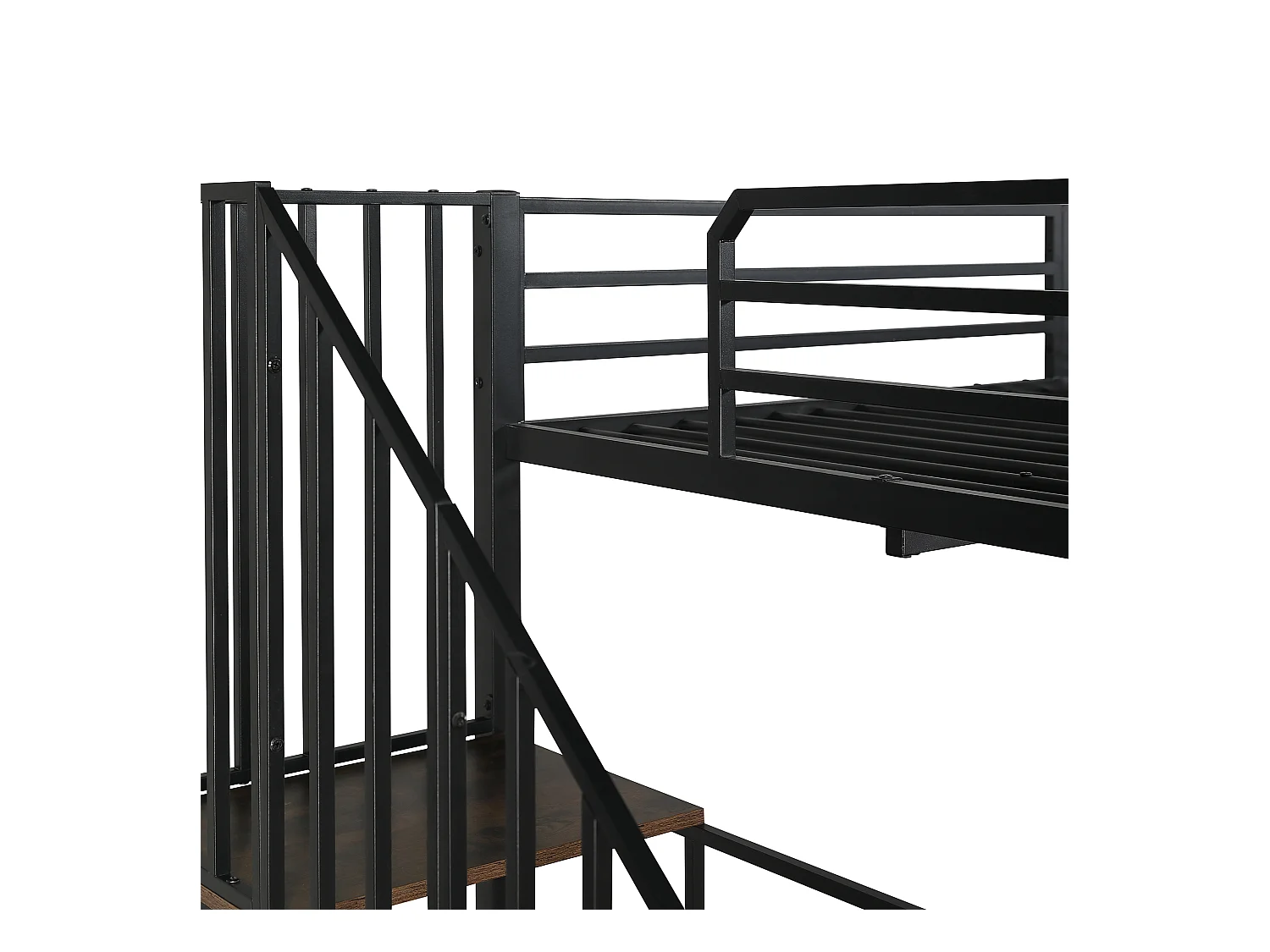 Letto a soppalco 120x200cm con scaletta, scrivania e ripiano portaoggetti, nero e noce scuro, metallo + pannello di particelle