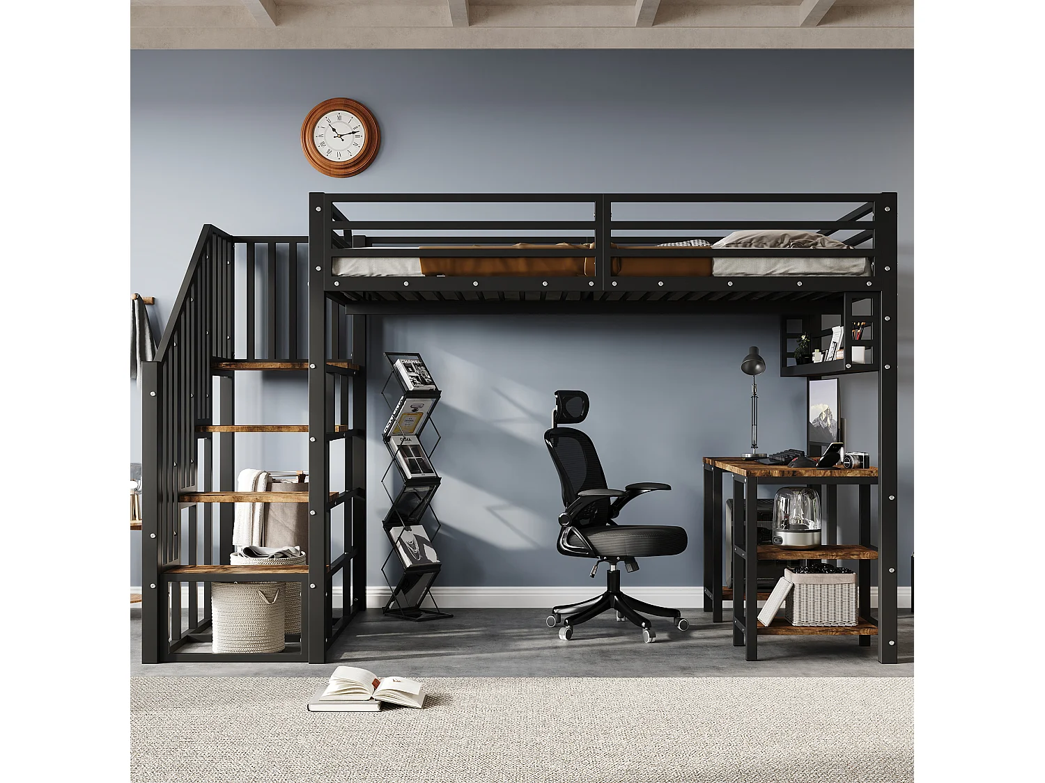 Letto a soppalco 120x200cm con scaletta, scrivania e ripiano portaoggetti, nero e noce scuro, metallo + pannello di particelle