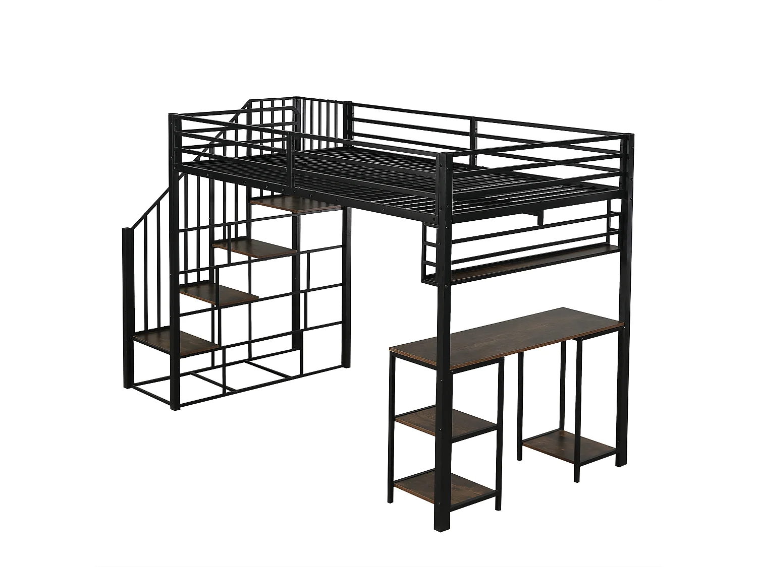Letto a soppalco 120x200cm con scaletta, scrivania e ripiano portaoggetti, nero e noce scuro, metallo + pannello di particelle