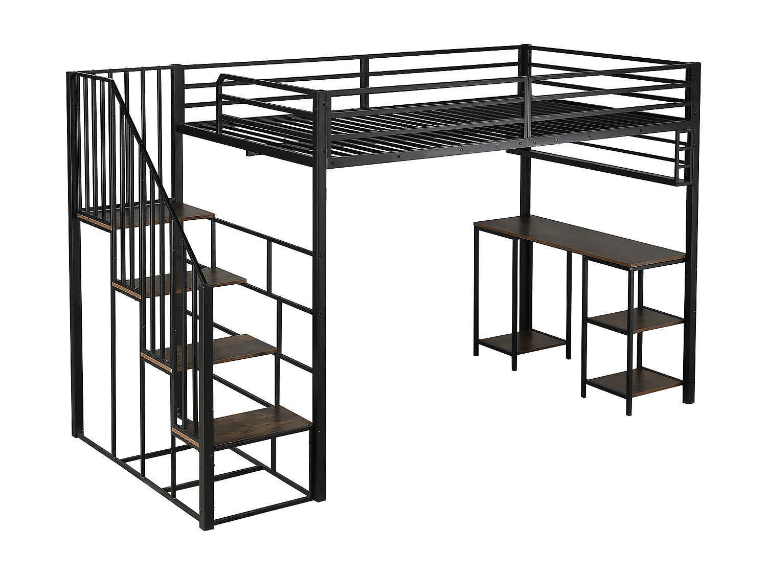 Letto a soppalco 120x200cm con scaletta, scrivania e ripiano portaoggetti, nero e noce scuro, metallo + pannello di particelle