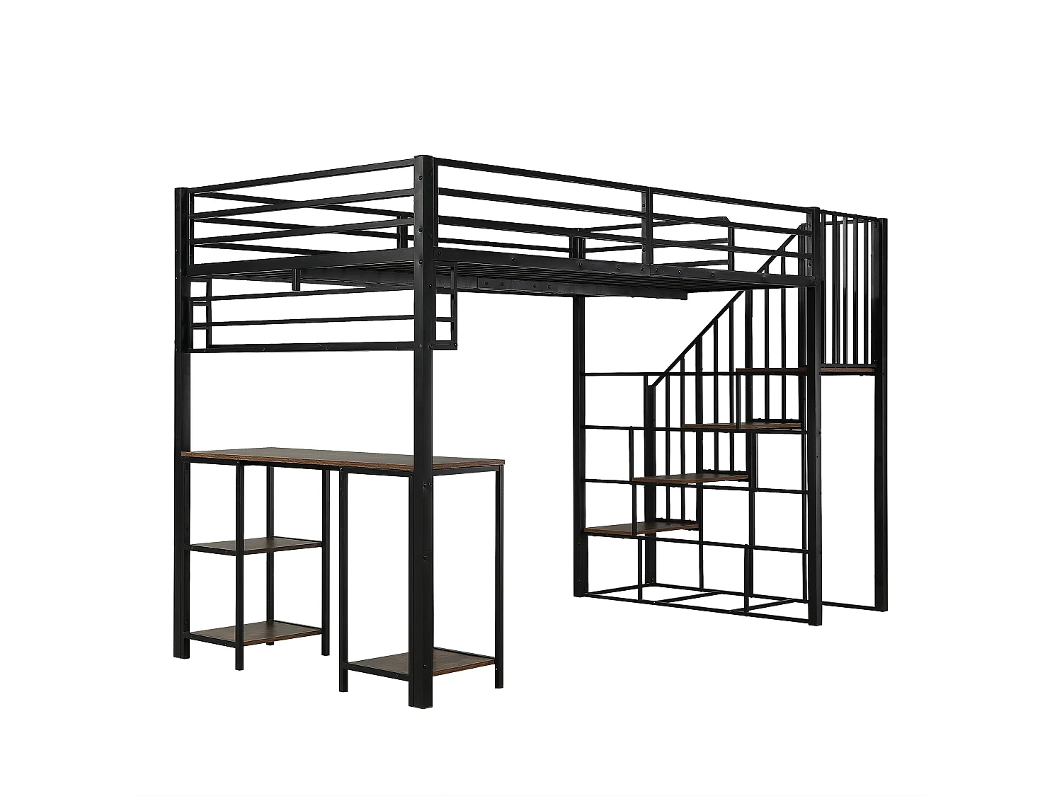 Letto a soppalco 120x200cm con scaletta, scrivania e ripiano portaoggetti, nero e noce scuro, metallo + pannello di particelle