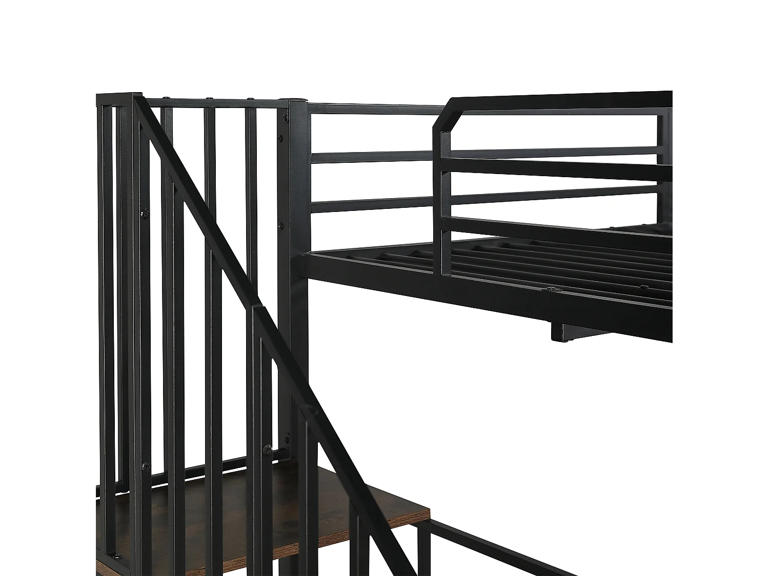 Letto a soppalco 120x200cm con scaletta, scrivania e ripiano portaoggetti, nero e noce scuro, metallo + pannello di particelle