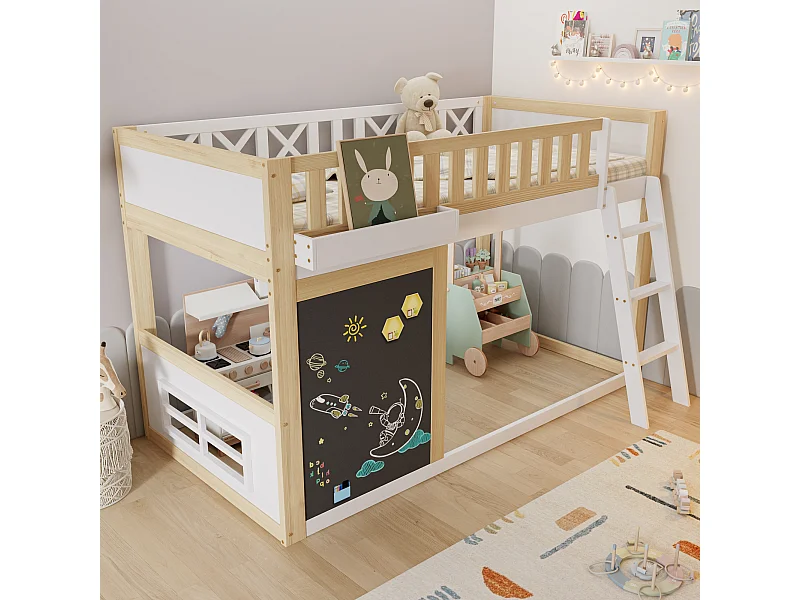 Letto a soppalco 90x200cm con lavagna e sponda di sicurezza, colore bianco + naturale, pino + MDF