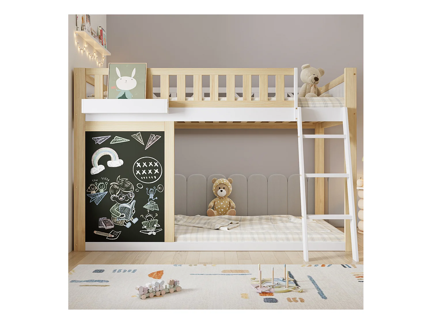 Letto a soppalco 90x200cm con lavagna e sponda di sicurezza, colore bianco + naturale, pino + MDF