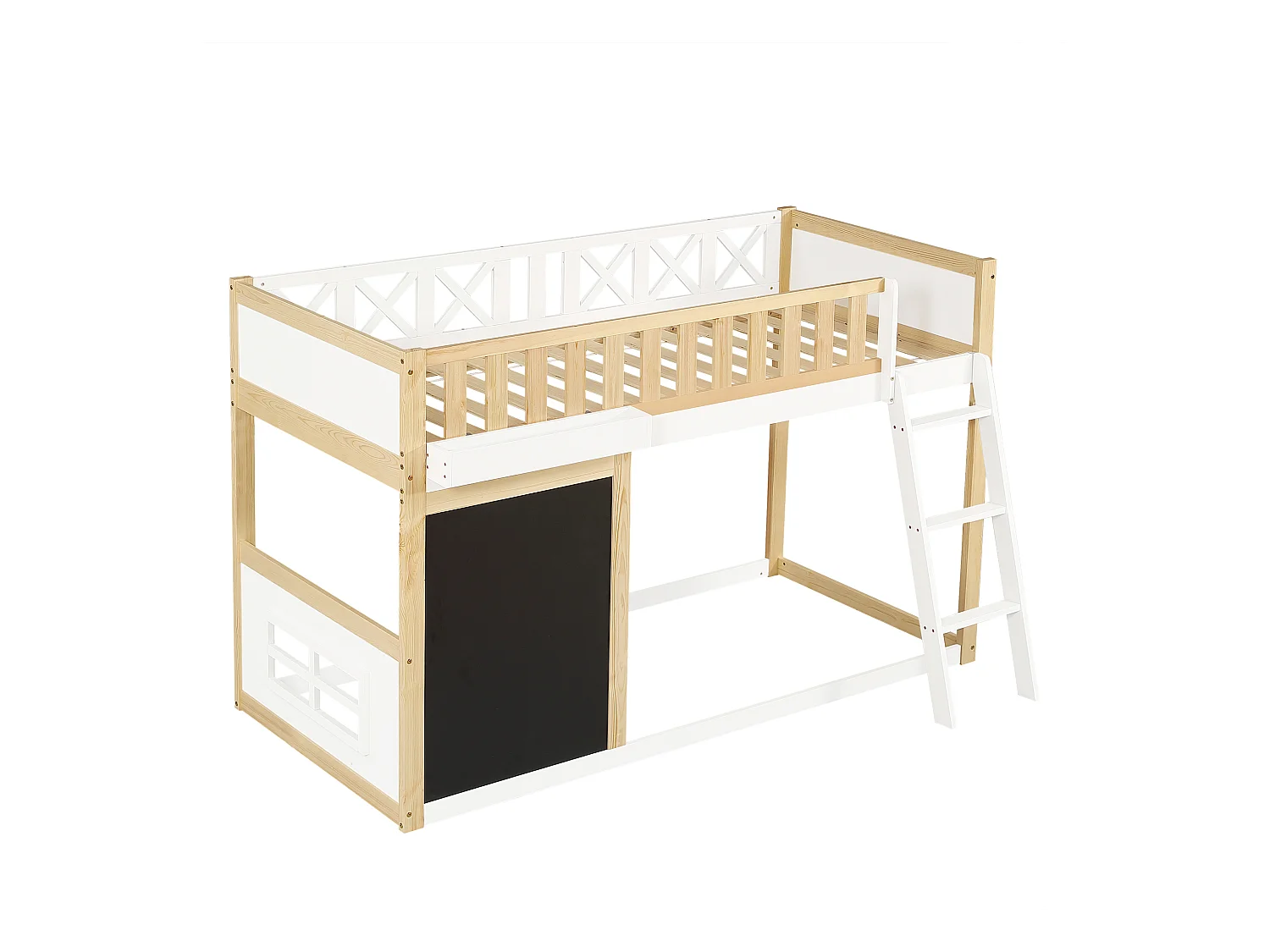 Letto a soppalco 90x200cm con lavagna e sponda di sicurezza, colore bianco + naturale, pino + MDF