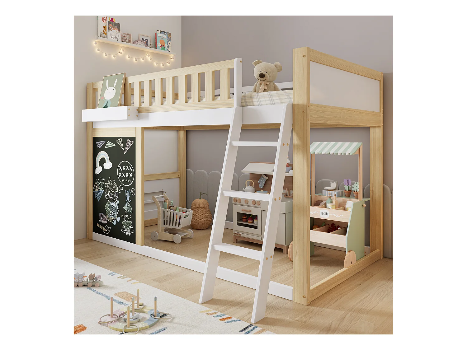 Letto a soppalco 90x200cm con lavagna e sponda di sicurezza, colore bianco + naturale, pino + MDF