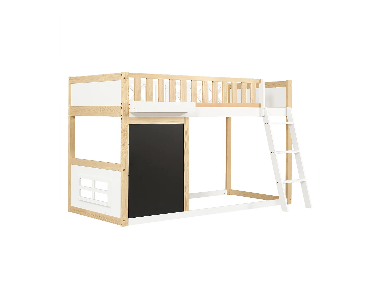 Letto a soppalco 90x200cm con lavagna e sponda di sicurezza, colore bianco + naturale, pino + MDF