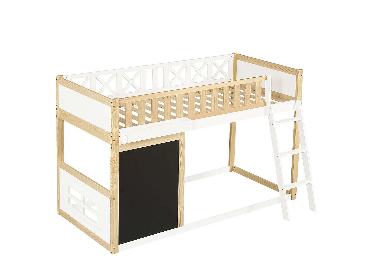 Letto a soppalco 90x200cm con lavagna e sponda di sicurezza, colore bianco + naturale, pino + MDF