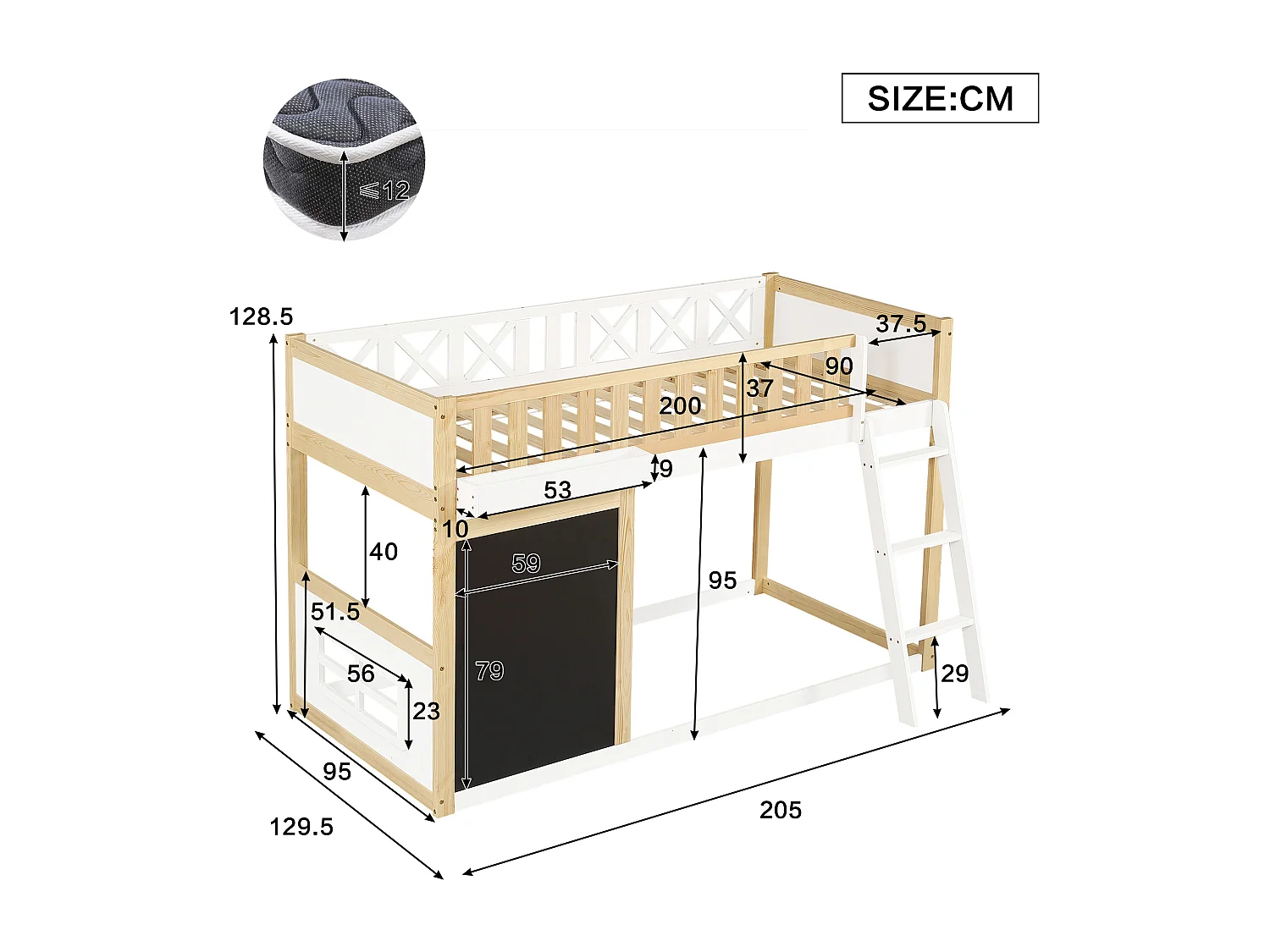 Letto a soppalco 90x200cm con lavagna e sponda di sicurezza, colore bianco + naturale, pino + MDF