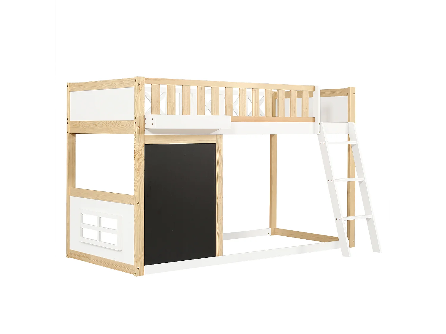 Letto a soppalco 90x200cm con lavagna e sponda di sicurezza, colore bianco + naturale, pino + MDF