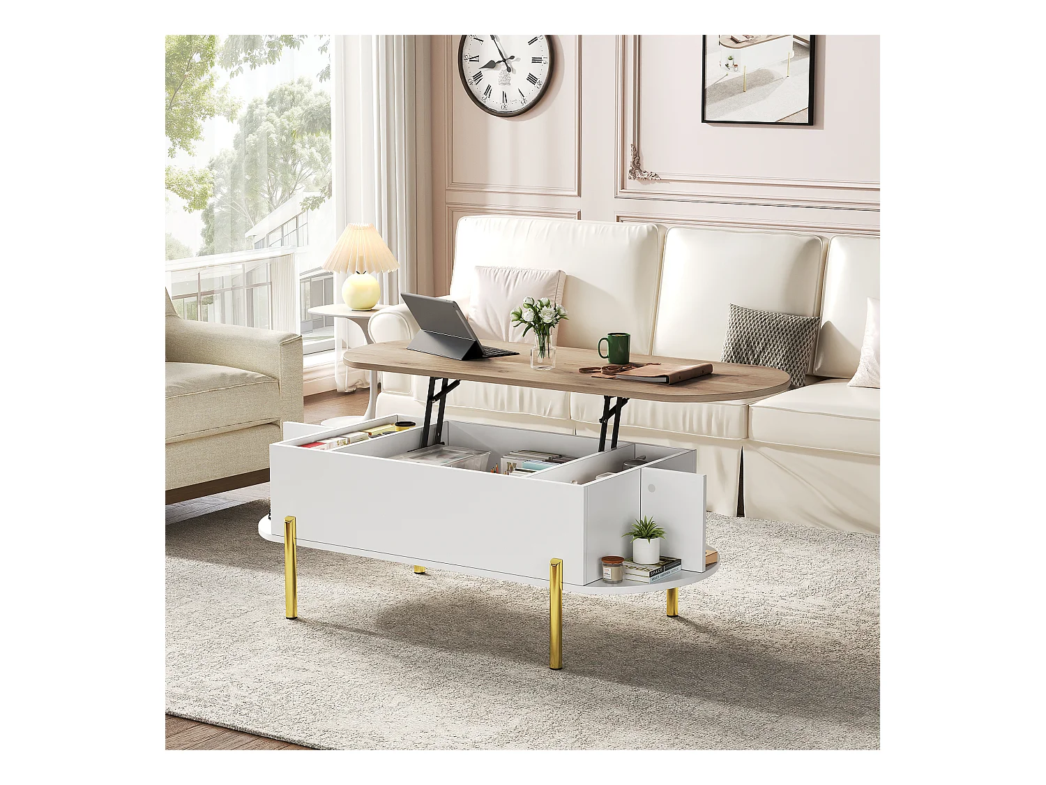 Tavolino da caffè sollevabile con spazio di archiviazione semi-aperto, gambe in metallo, bianco e legno