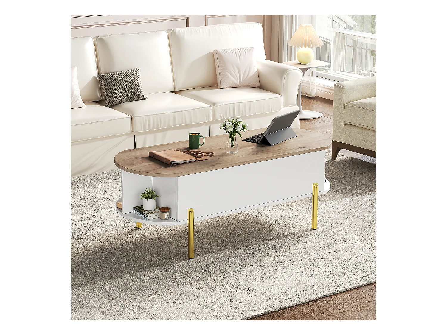 Tavolino da caffè sollevabile con spazio di archiviazione semi-aperto, gambe in metallo, bianco e legno