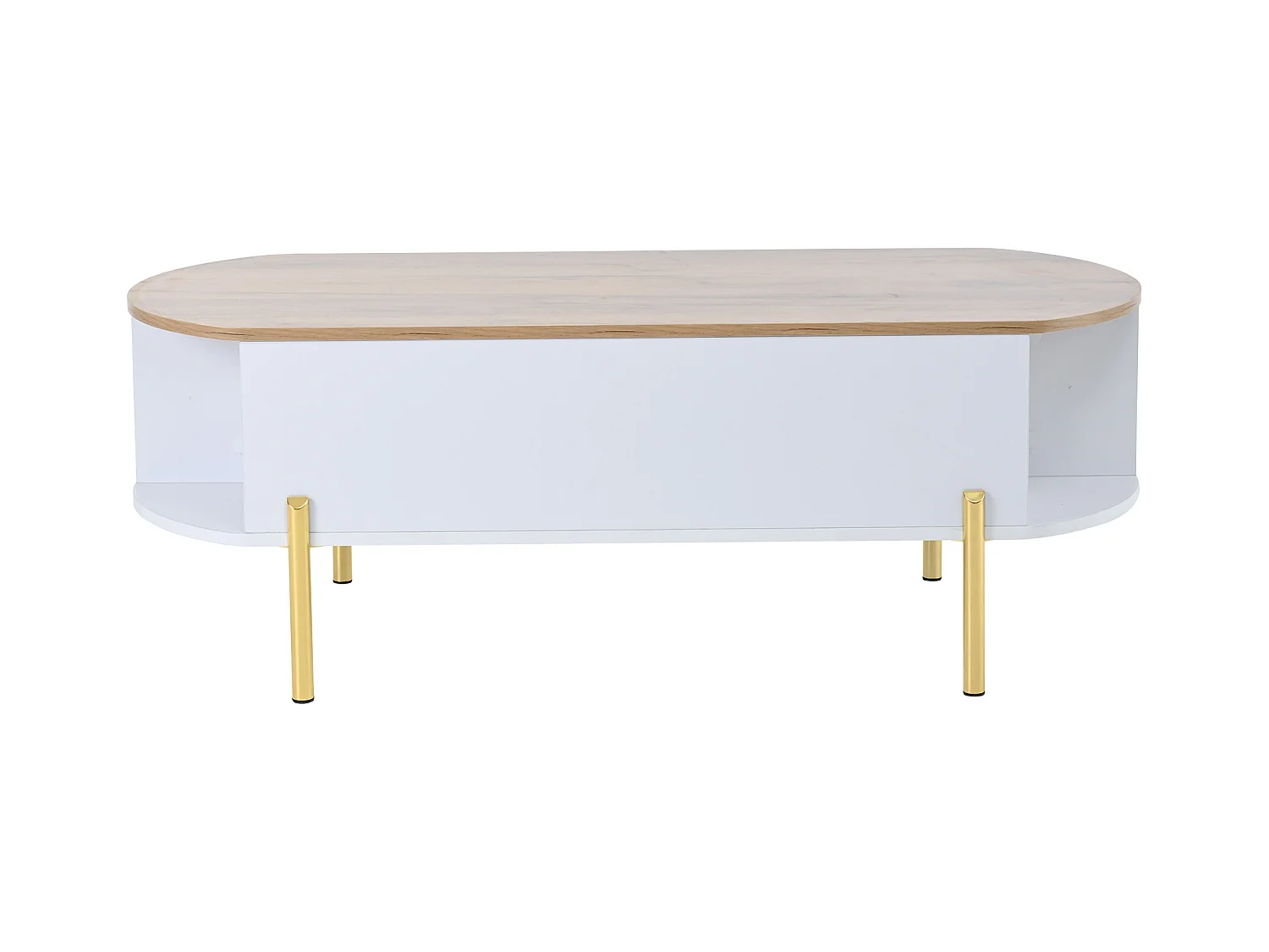 Tavolino da caffè sollevabile con spazio di archiviazione semi-aperto, gambe in metallo, bianco e legno