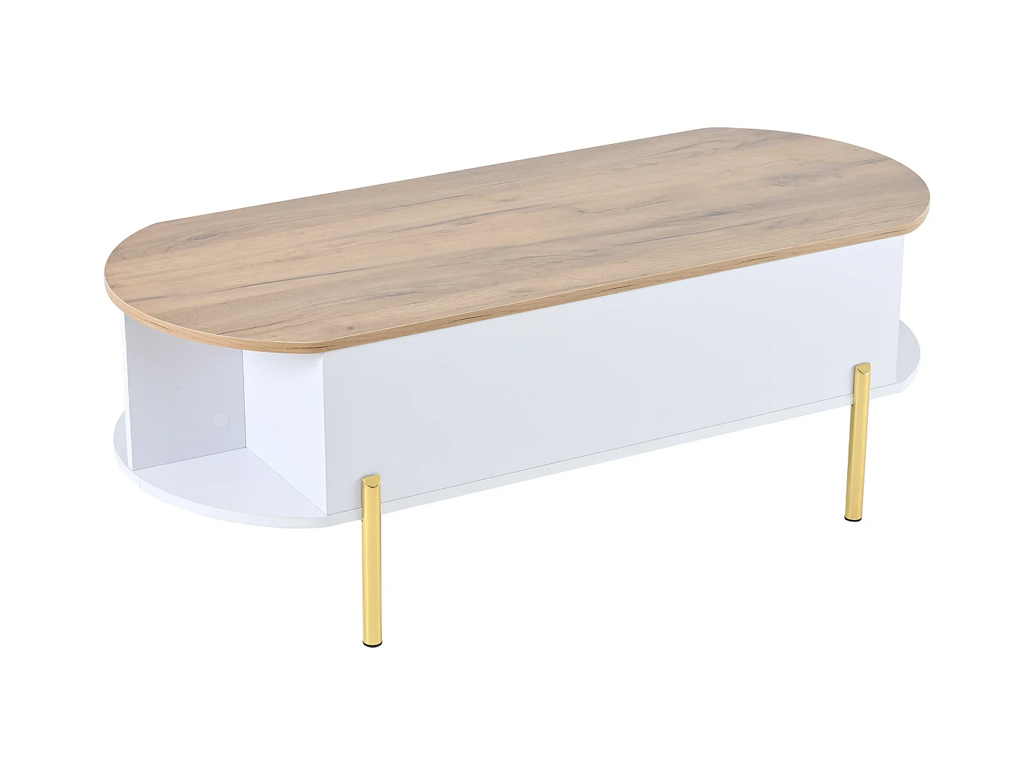 Tavolino da caffè sollevabile con spazio di archiviazione semi-aperto, gambe in metallo, bianco e legno