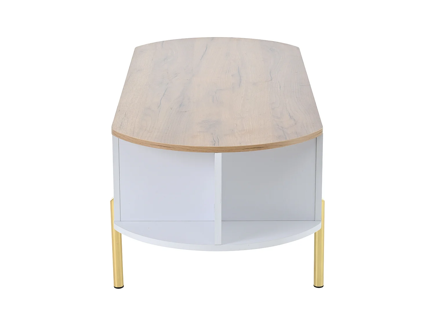 Tavolino da caffè sollevabile con spazio di archiviazione semi-aperto, gambe in metallo, bianco e legno