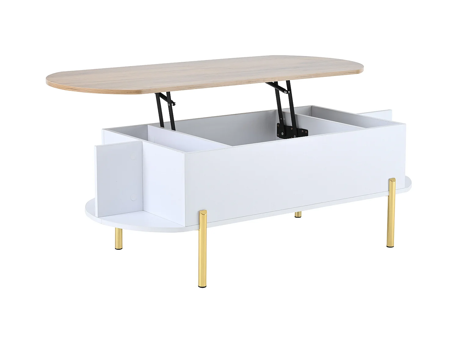 Tavolino da caffè sollevabile con spazio di archiviazione semi-aperto, gambe in metallo, bianco e legno