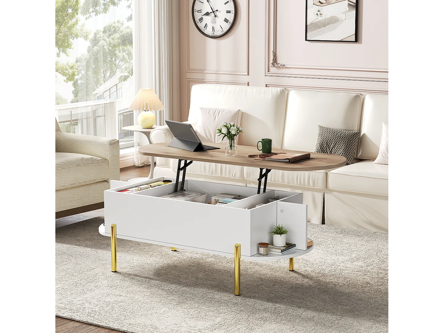Table basse relevable avec espace de rangement semi-ouvert, pieds en métal, blanc et bois