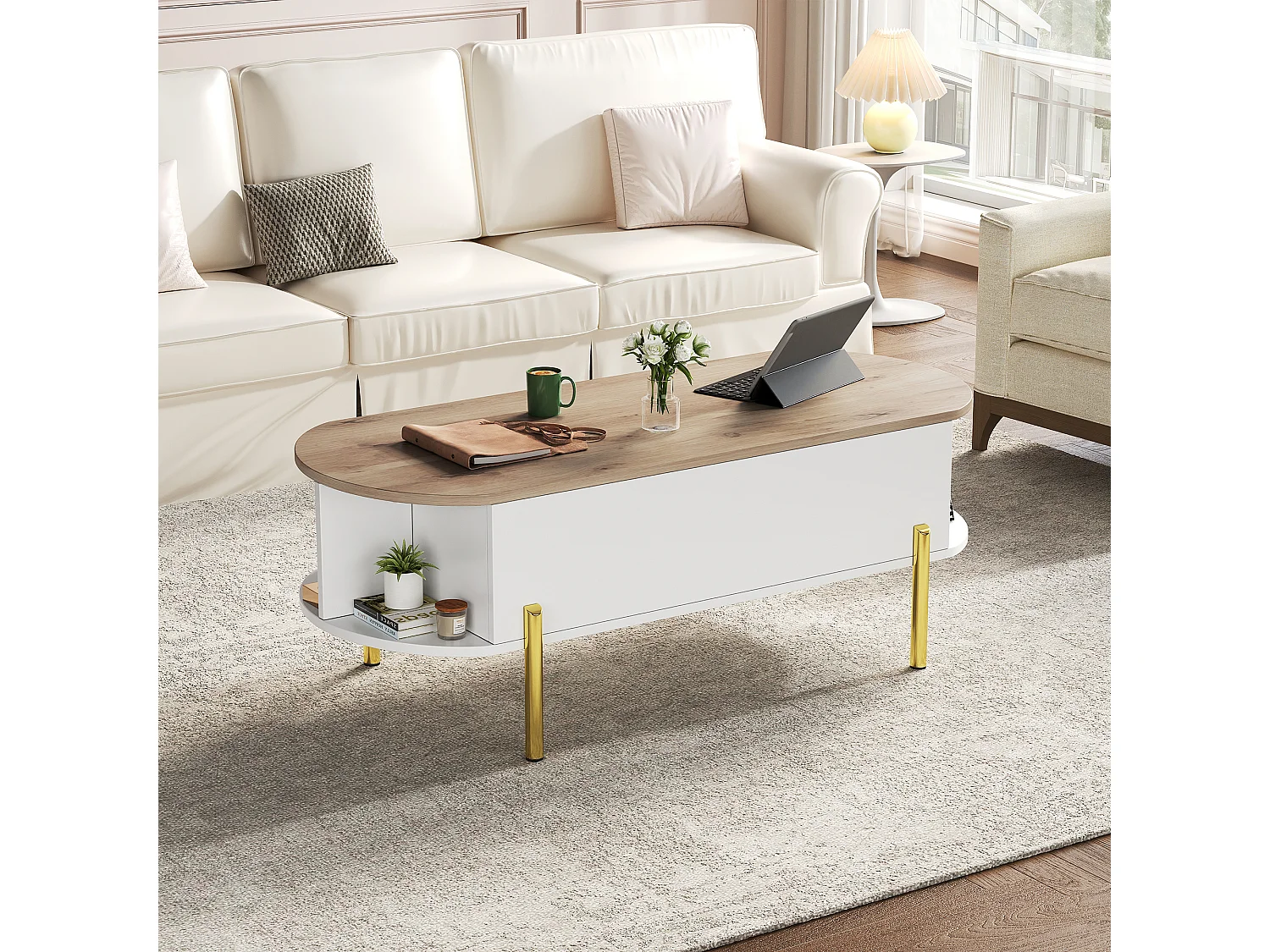 Table basse relevable avec espace de rangement semi-ouvert, pieds en métal, blanc et bois