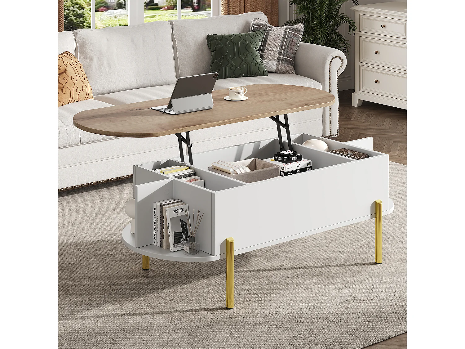 Table basse relevable avec espace de rangement semi-ouvert, pieds en métal, blanc et bois