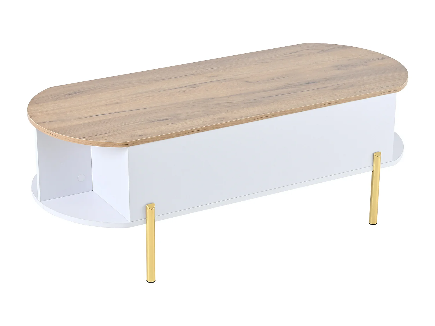 Table basse relevable avec espace de rangement semi-ouvert, pieds en métal, blanc et bois
