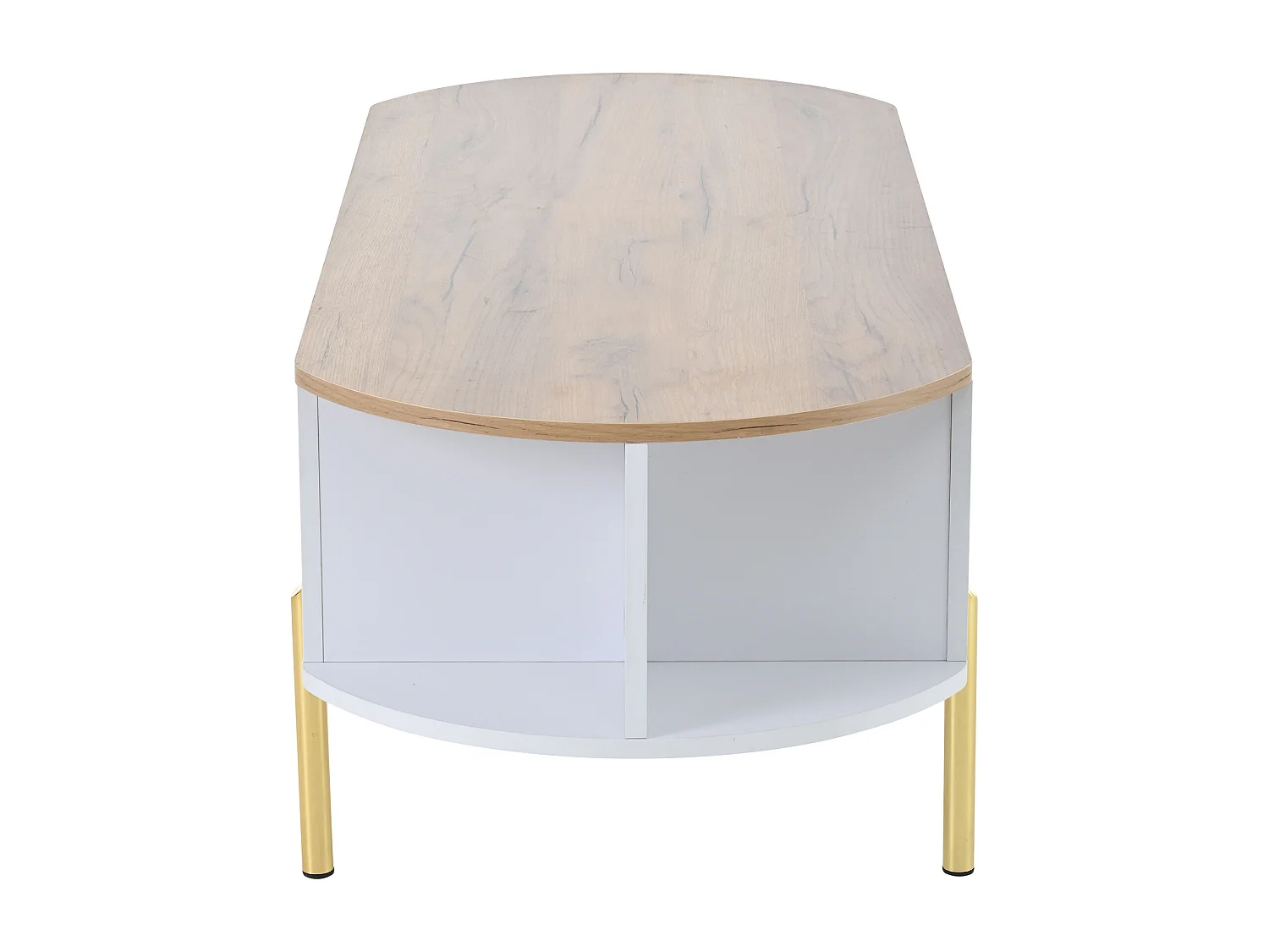 Table basse relevable avec espace de rangement semi-ouvert, pieds en métal, blanc et bois