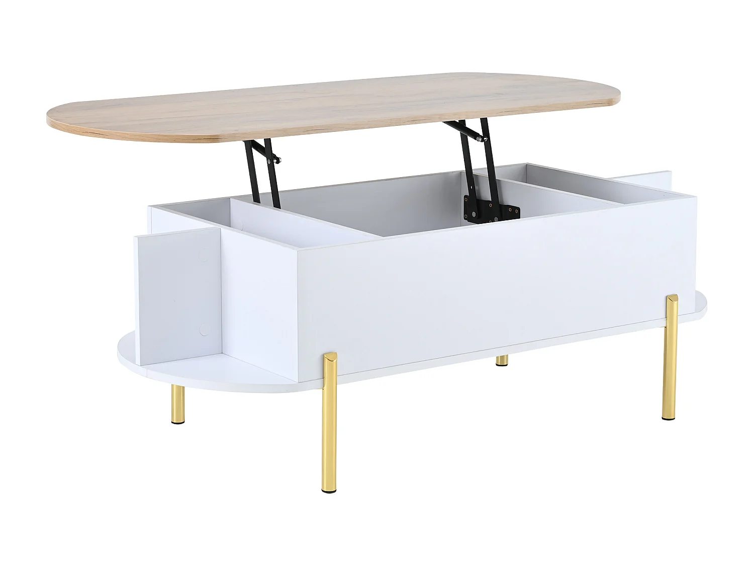 Table basse relevable avec espace de rangement semi-ouvert, pieds en métal, blanc et bois