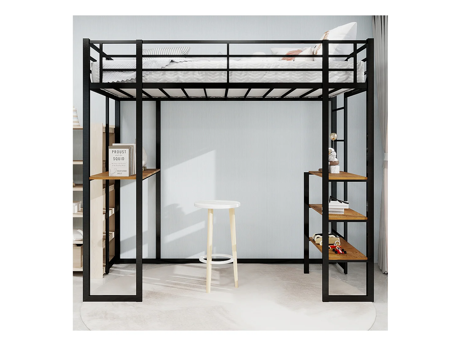 Letto a soppalco nero 90x190cm con scrivania e ripiano, metallo + legno, senza materasso