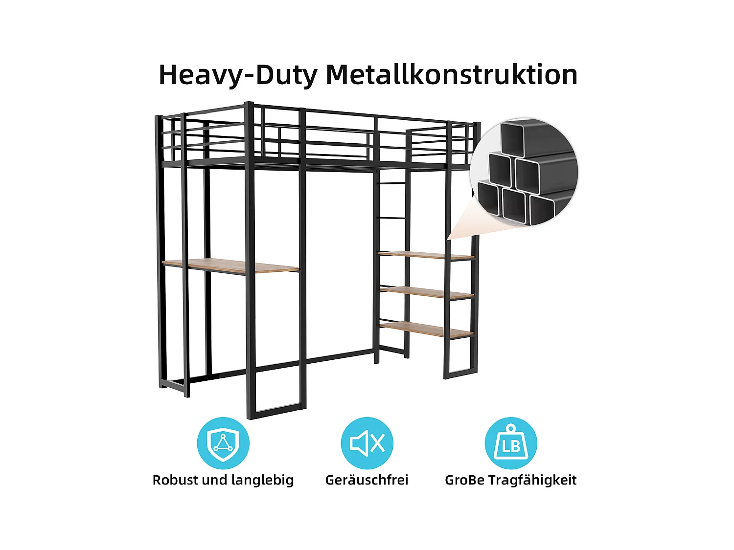 Letto a soppalco nero 90x190cm con scrivania e ripiano, metallo + legno, senza materasso