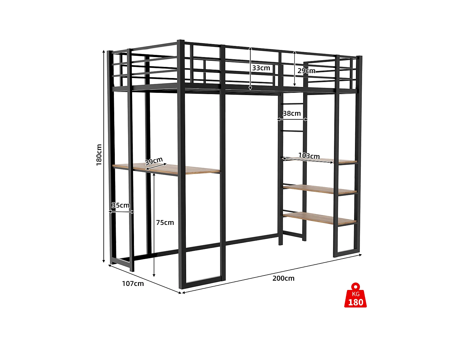 Letto a soppalco nero 90x190cm con scrivania e ripiano, metallo + legno, senza materasso