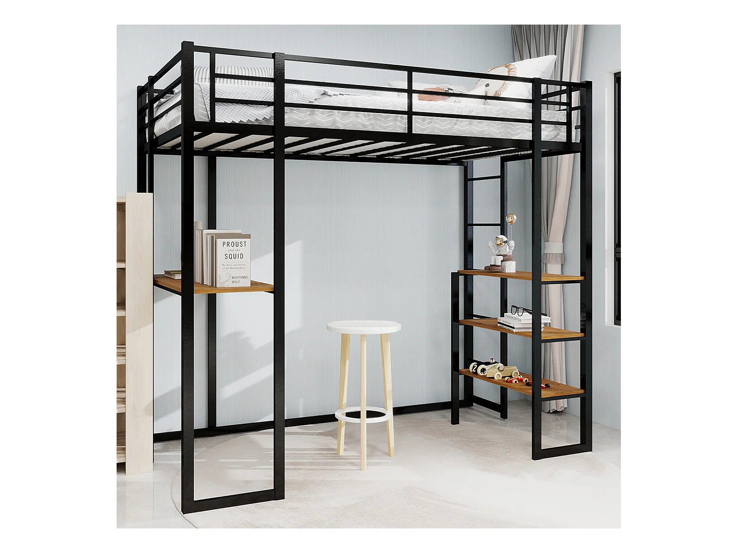 Letto a soppalco nero 90x190cm con scrivania e ripiano, metallo + legno, senza materasso