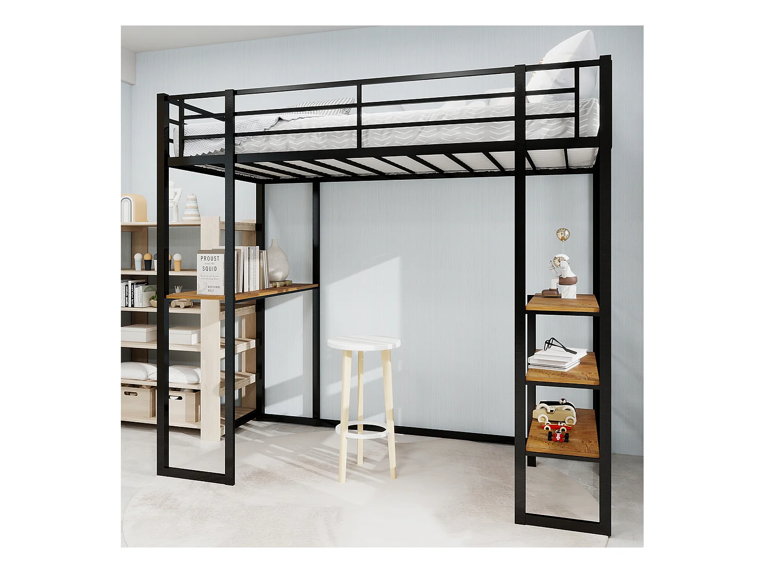 Letto a soppalco nero 90x190cm con scrivania e ripiano, metallo + legno, senza materasso