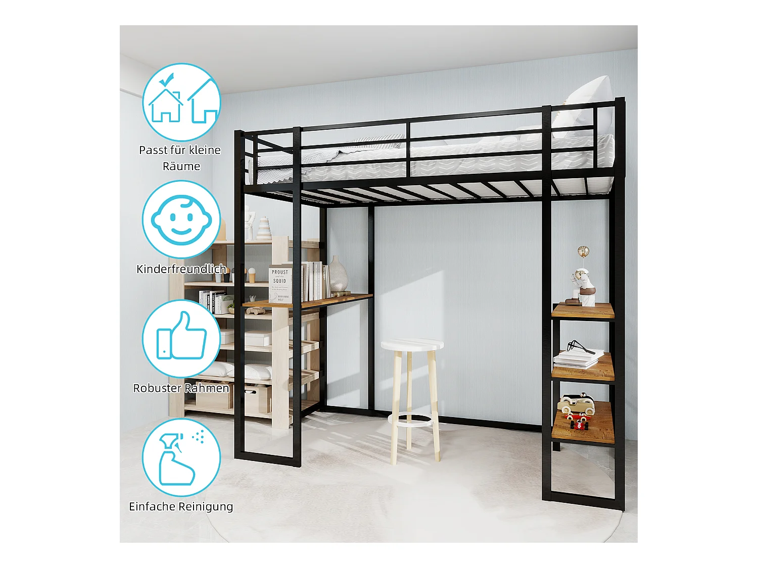 Letto a soppalco nero 90x190cm con scrivania e ripiano, metallo + legno, senza materasso