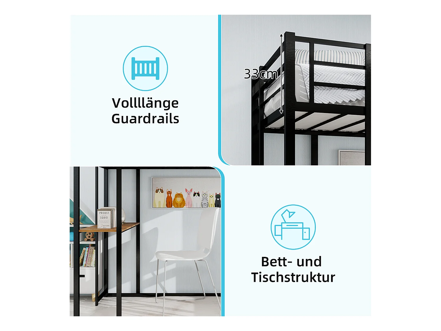 Letto a soppalco nero 90x190cm con scrivania e ripiano, metallo + legno, senza materasso