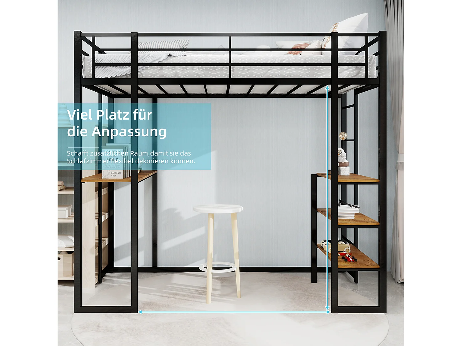 Lit mezzanine noir 90x190cm avec bureau et étagère, métal + bois, sans matelas