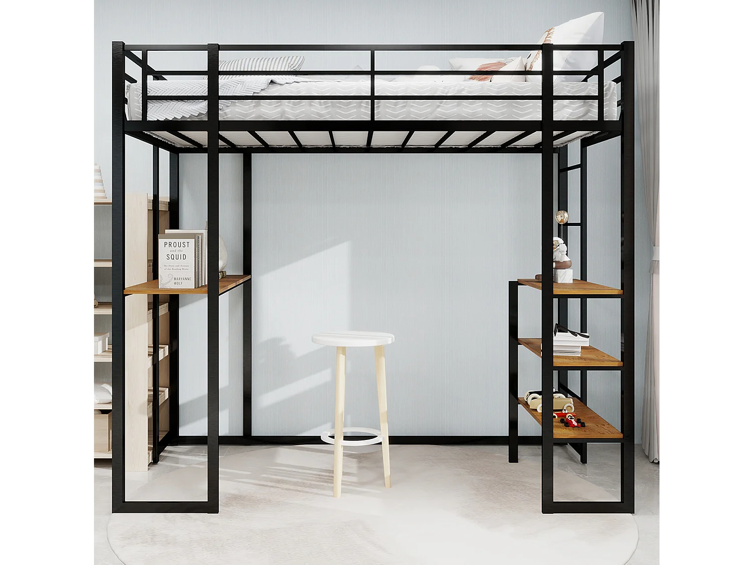 Lit mezzanine noir 90x190cm avec bureau et étagère, métal + bois, sans matelas