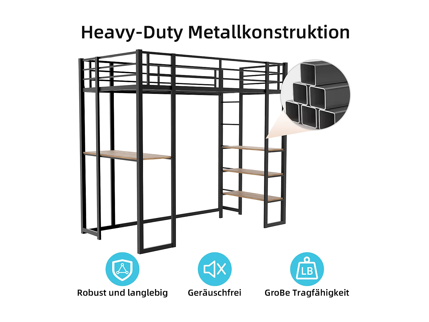 Lit mezzanine noir 90x190cm avec bureau et étagère, métal + bois, sans matelas