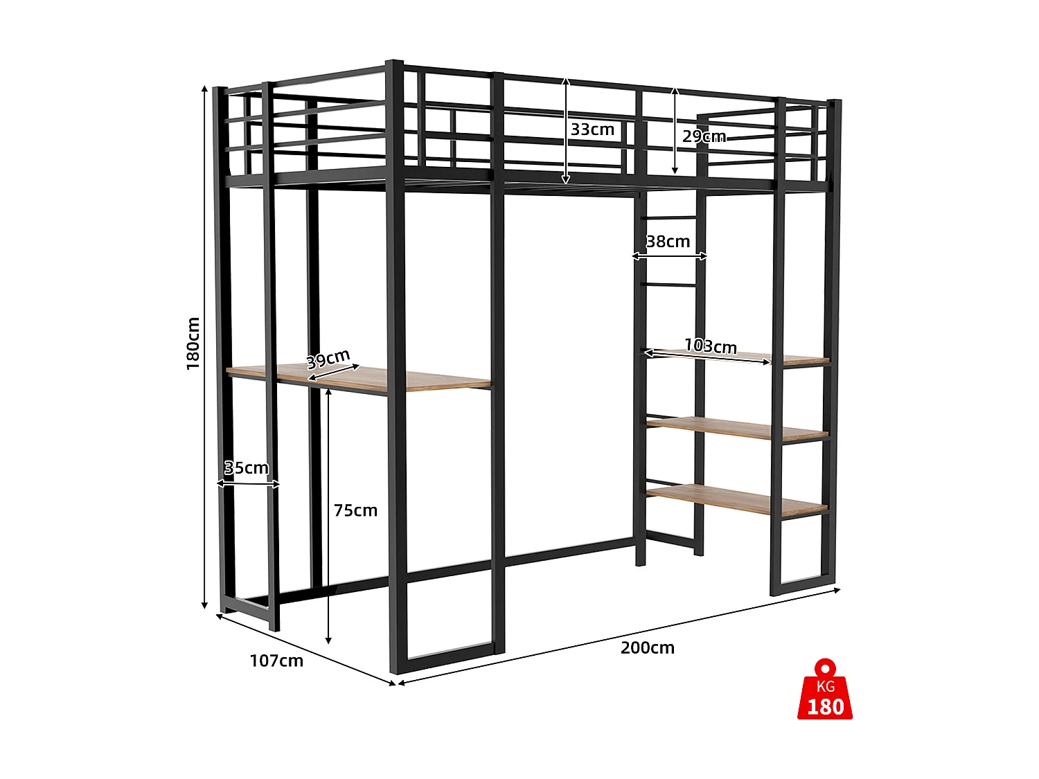 Lit mezzanine noir 90x190cm avec bureau et étagère, métal + bois, sans matelas