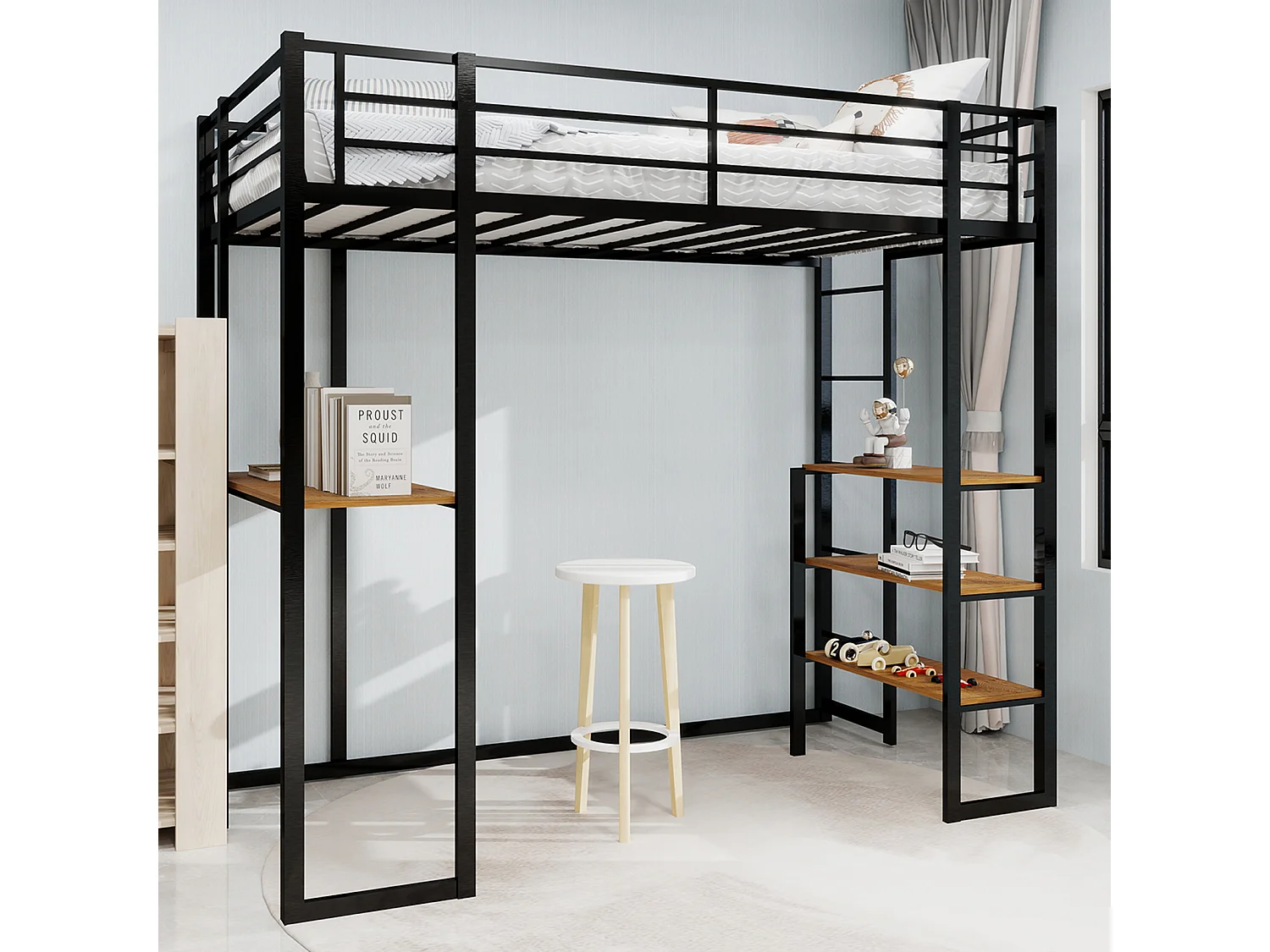 Lit mezzanine noir 90x190cm avec bureau et étagère, métal + bois, sans matelas